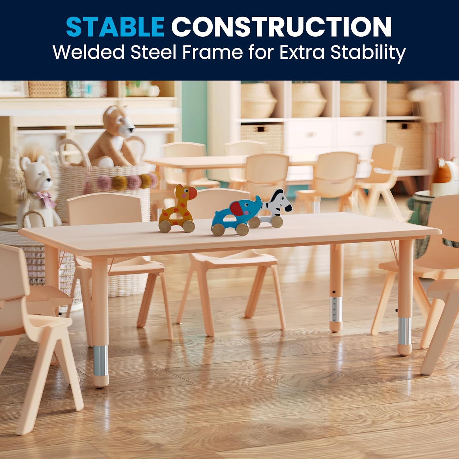 Flash Furniture Wren Adjustable Classroom Activity Table for School and Home, Plastic Activity Table for Kids, 23.625" W x 47.25" L, Natural