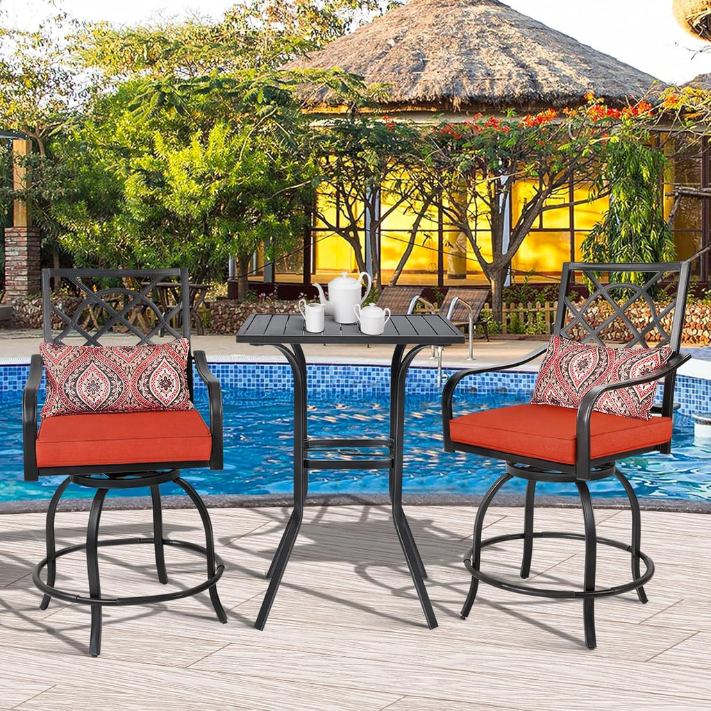 Patio Bar Table, Outdoor Bar Height Bistro Table with Umbrella Hole, Metal Frame and Slat Design (Black)