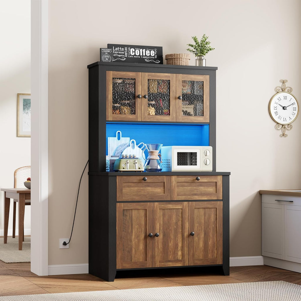 GAOMON 66" Tall Kitchen Pantry Cabinet, Modern Kitchen Hutch with Charging Station, Large Coffee Bar Storage Cabinet with Glass Doors and Drawers, Brown+Black