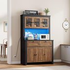 GAOMON 66" Tall Kitchen Pantry Cabinet, Modern Kitchen Hutch with Charging Station, Large Coffee Bar Storage Cabinet with Glass Doors and Drawers, Brown+Black