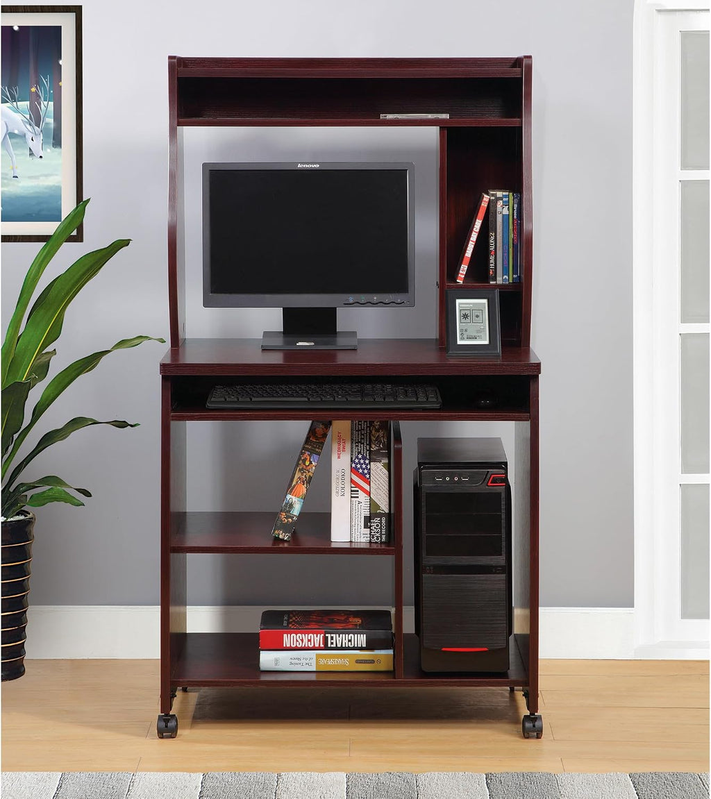 66" Tall Kitchen Pantry Cabinet with Open Shelves & Microwave Stand, Rolling Cupboard Credenza Bufffet Cabinet, Freestanding Kitchen Hutch Bufffet Server,Mahogany