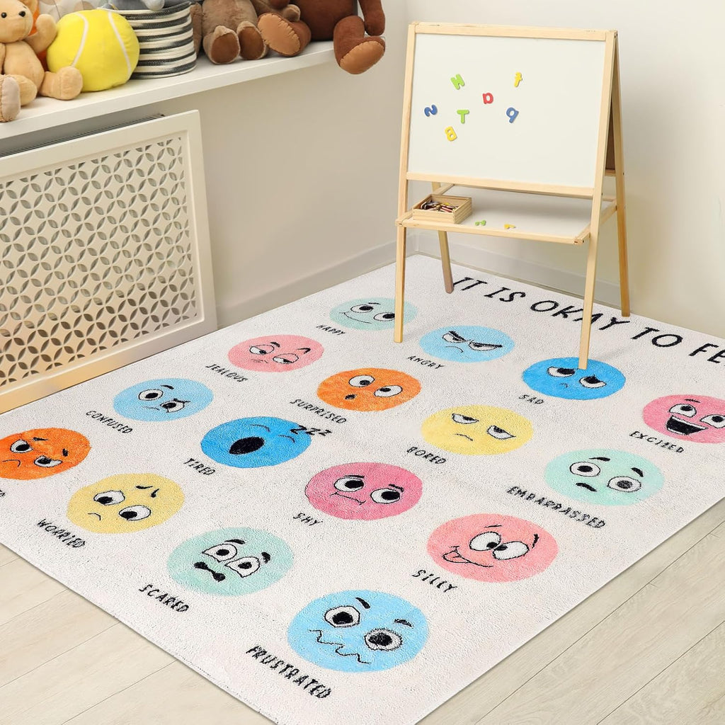3.3 x 4 ft Calming Corner Classroom Rug Feeling Emotion Sensory Reading Corner Items Rug Educational Soft Fluffy Washable Non Slip Carpet Floor Mat for Nursery Homeschool Playroom Elementary