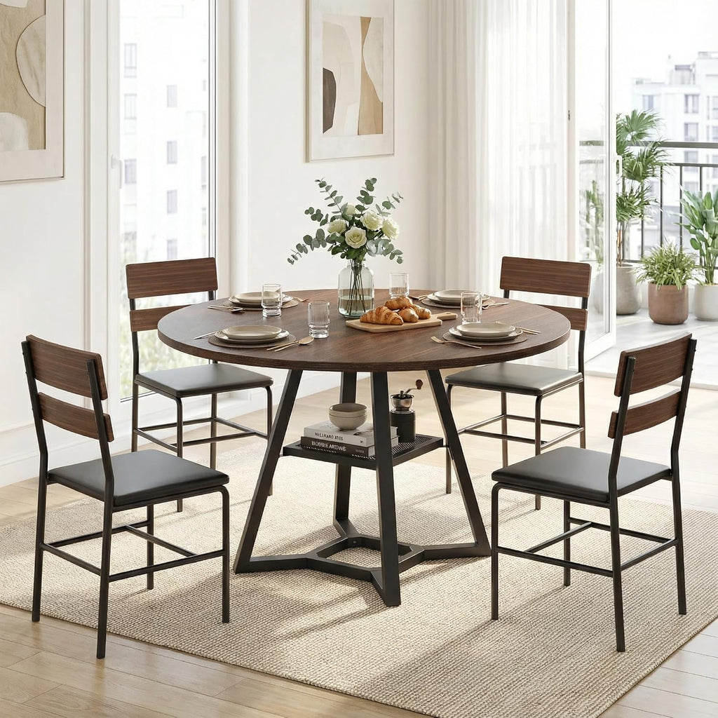 knoworld Round Dining Table for 4-6 with Storage Shelf, Kitchen & Dining Room Circle Pedestal Table, Heavy Duty Metal Frame & Wood Top