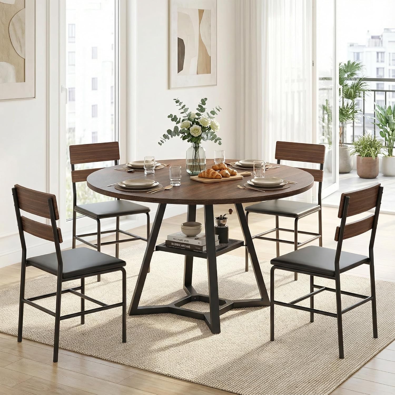 knoworld Round Dining Table for 4-6 with Storage Shelf, Kitchen & Dining Room Circle Pedestal Table, Heavy Duty Metal Frame & Wood Top