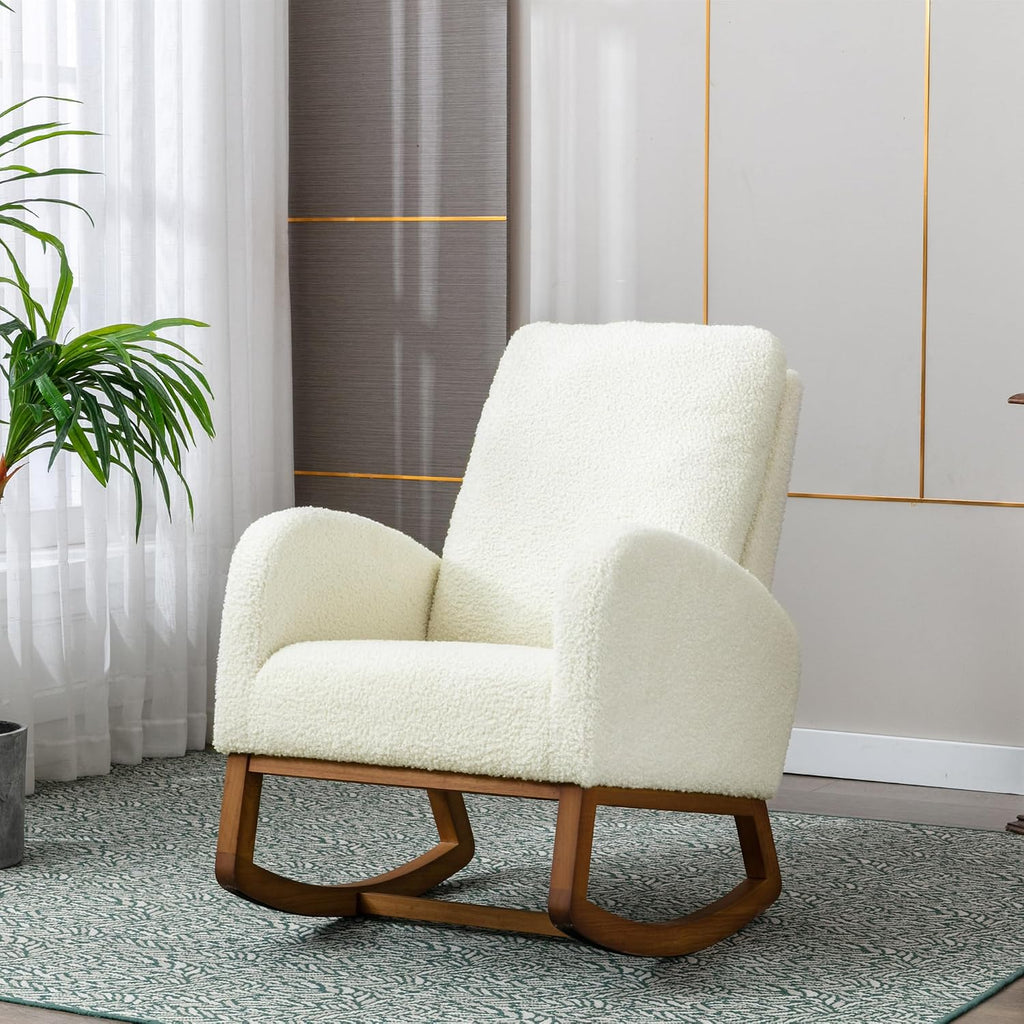 Modern Rocking Chair, Oversized Glider Recliner with High Backrest & Side Pocket, Upholstered Nursery Accent Chair for Living Room, Bedroom, Nursery, Solid Wood Legs (White Teddy)