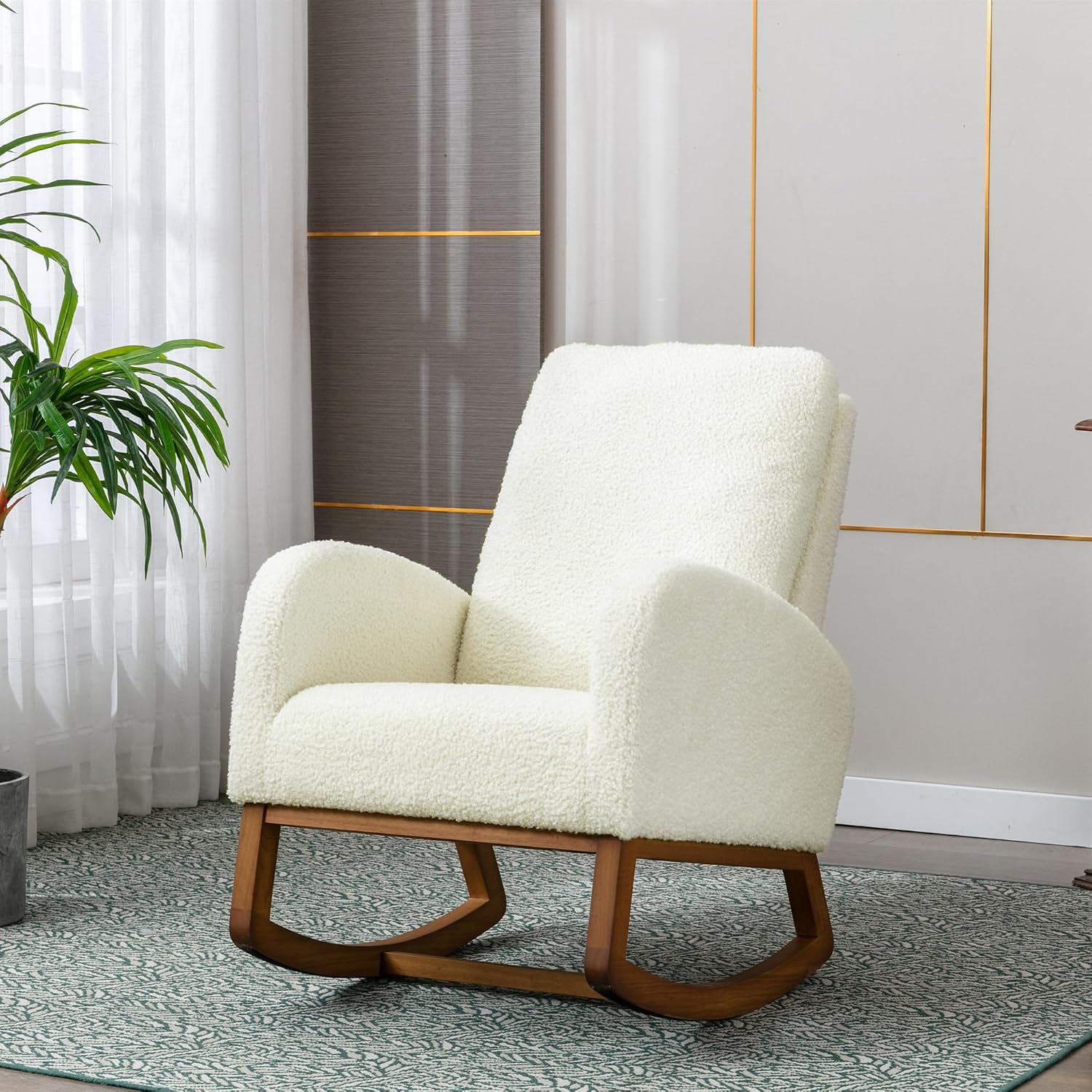 Modern Rocking Chair, Oversized Glider Recliner with High Backrest & Side Pocket, Upholstered Nursery Accent Chair for Living Room, Bedroom, Nursery, Solid Wood Legs (White Teddy)