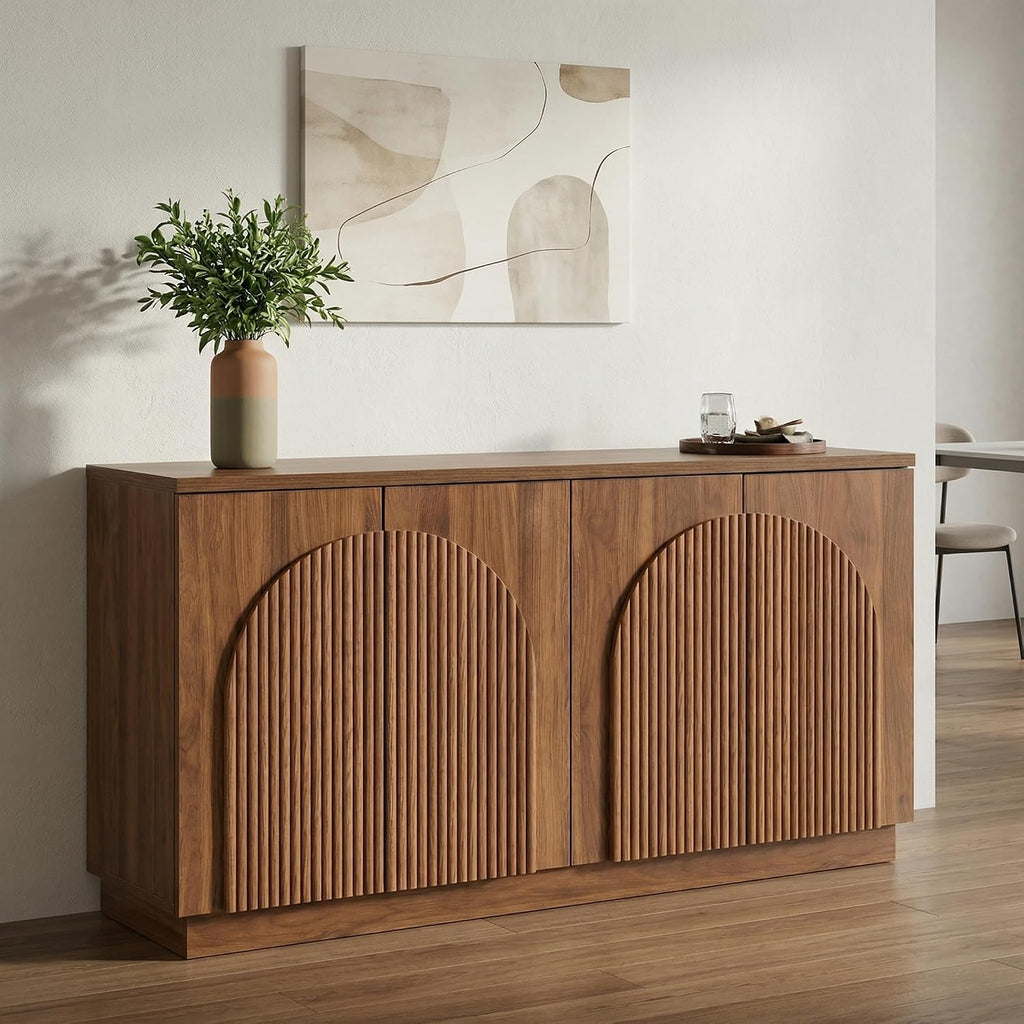 Brafab 4-Door Fluted Sideboard Buffet Cabinet with Arched Reeded Doors and Adjustable Shelves, Modern Credenza Storage Cabinet for Living Room Dining Room, Walnut Oak Finish