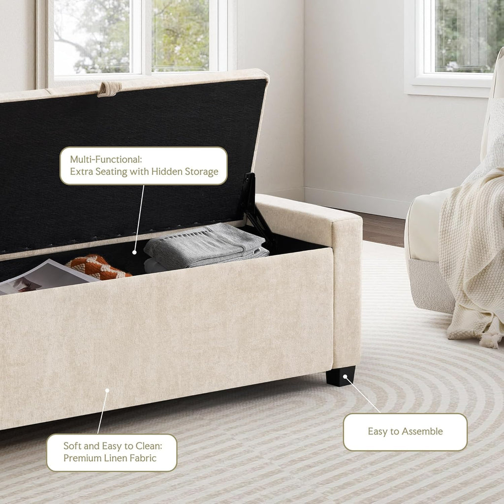 GRAINELL 42.13” Storage Ottoman Bench, Upholstered Tufted Bedroom Bench with Storage, End of Bed Storage Bench for Living Room & Entryway, 350 lb Capacity, Linen Beige