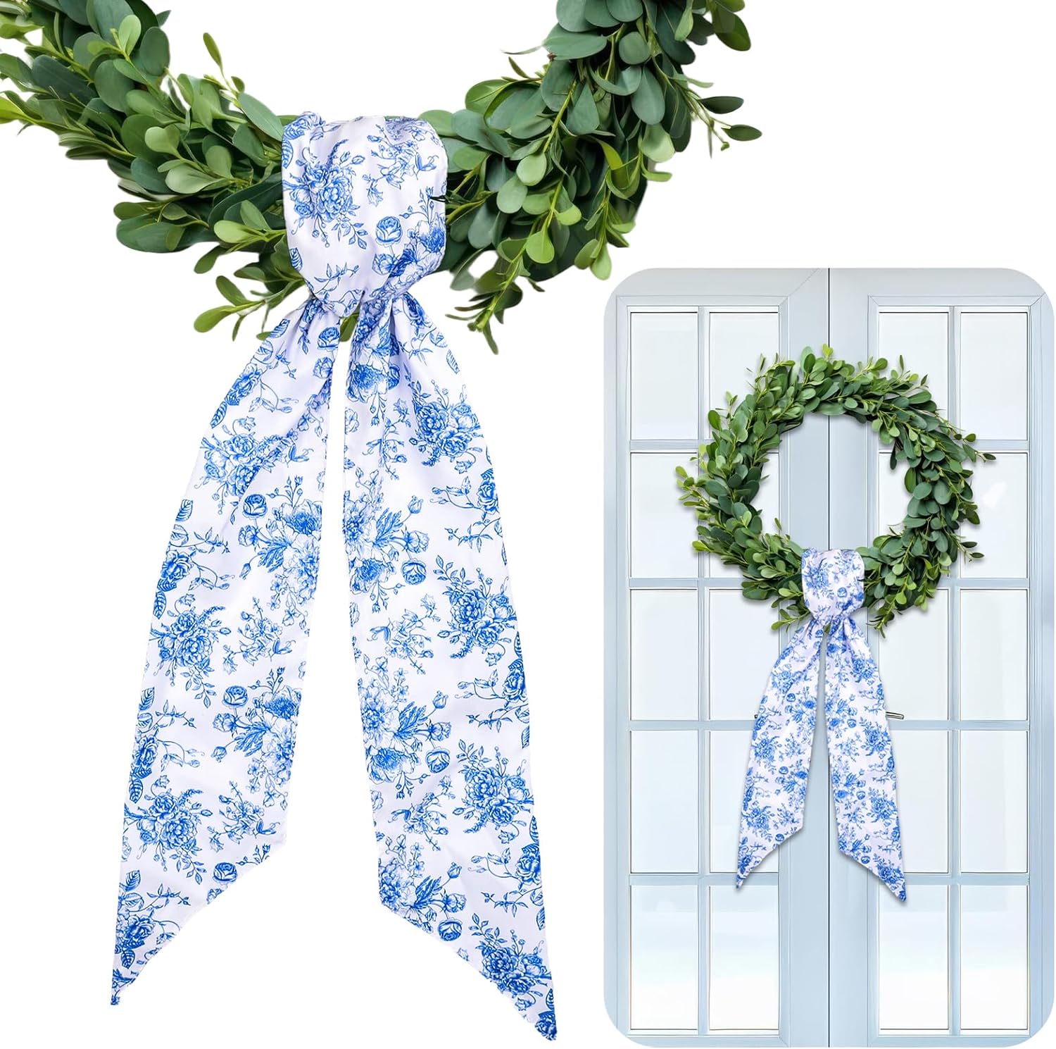 Whaline 2 Pcs Blue Flower Wreath Sash for Front Door Chinoiserie Floral Garland Ribbon for Holiday Party Home Decor Indoor Outdoor