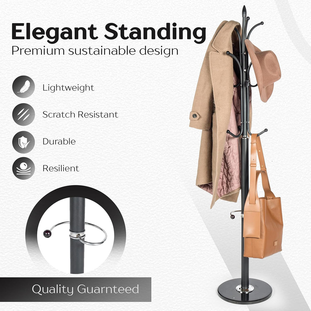 Modern Metal Coat Rack with Sturdy Natural Marble Base for Coat, Jacket, Hat, Cloths, Bags - Freestanding Coat Stand with 12 Hooks & Umbrella Holder for Entryway, Hallway, Corner, Office