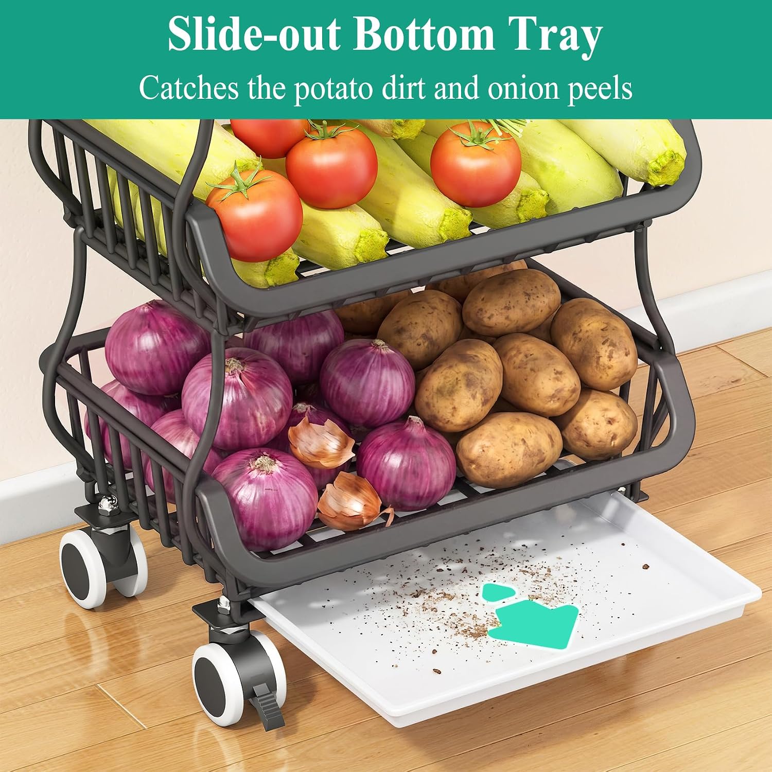 SAYZH 4-Tier Fruit and Vegetable Basket Stand for Kitchen, Wood Top, Black | Stackable Vegetable Storage Baskets with Wheel, Metal Wire Storage Carts for Onion, Potato and Snacks