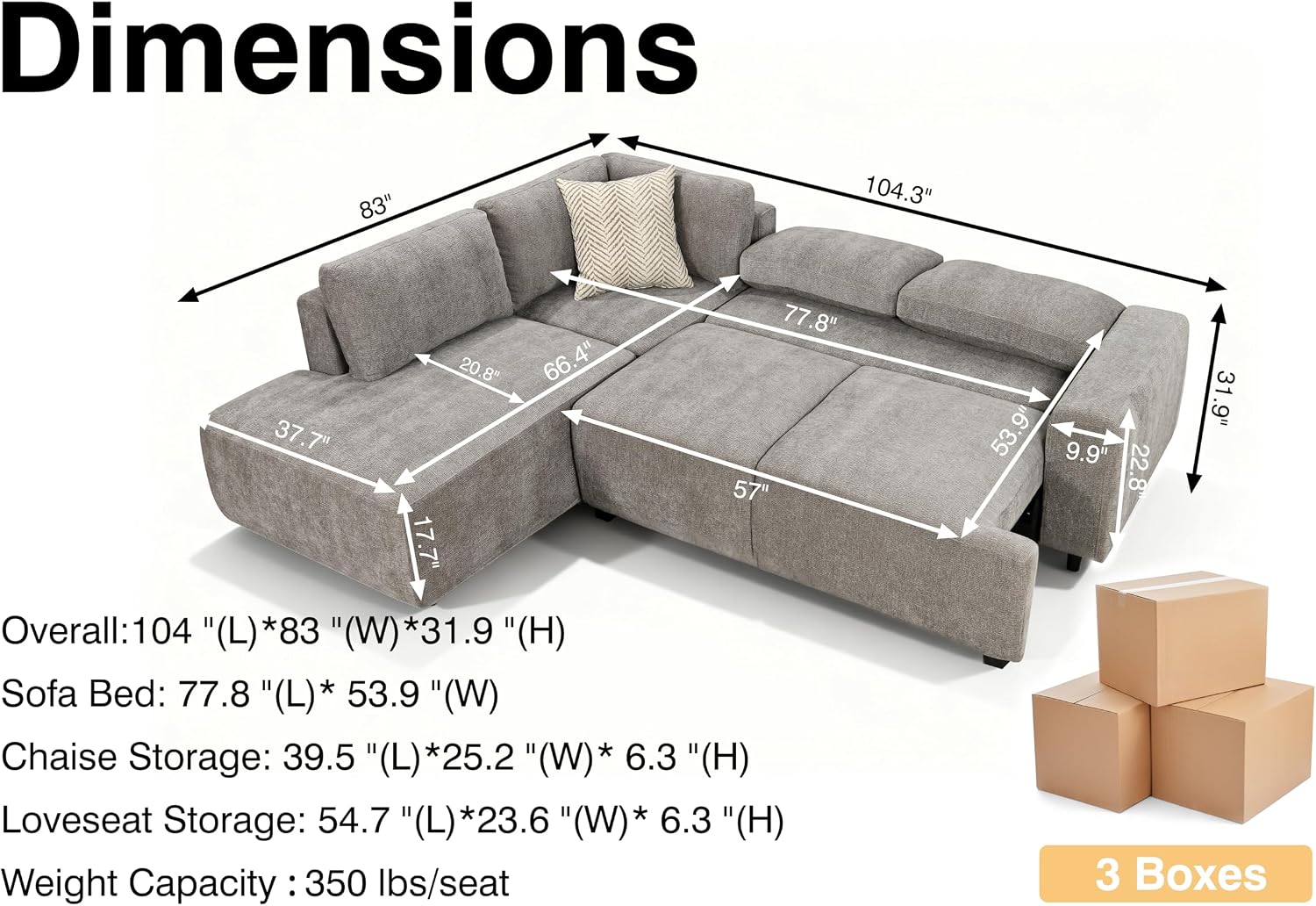 THSUPER 104'' L Shaped Sectional Sleeper Couch with Storage Chaise, Chenille Sectional Sofa with Pull Out Bed and Storage Loveseat, 4 Seater Comfy Couches for Living Room (Light Grey)