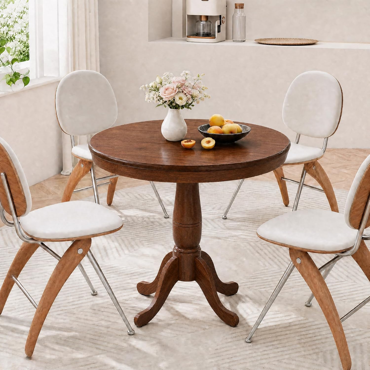 POWERSTONE Round Dining Table for 4, 32" Wood Counter Height Dinner Table Modern Farmhouse Kitchen Table with Pedestal Base for Dining Room, Living Room, Restaurant(Walnut)