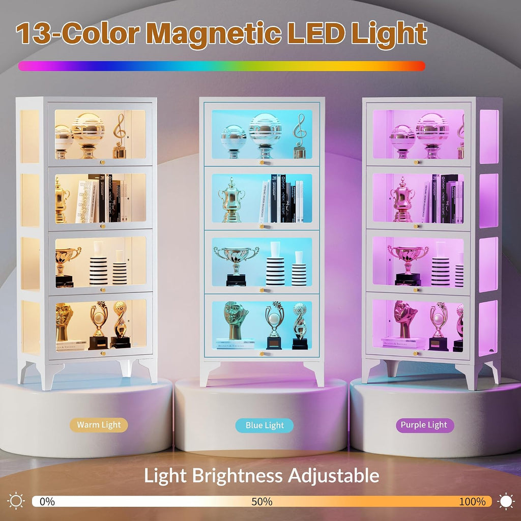 4 Tier Glass Display Cabinet with Flip-Up Doors, 55" Curio Cabinet with 13-Color LED Lights, 3-Side Tempered Glass Display Case for Books, Collectibles, Figures, White