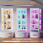 4 Tier Glass Display Cabinet with Flip-Up Doors, 55" Curio Cabinet with 13-Color LED Lights, 3-Side Tempered Glass Display Case for Books, Collectibles, Figures, White