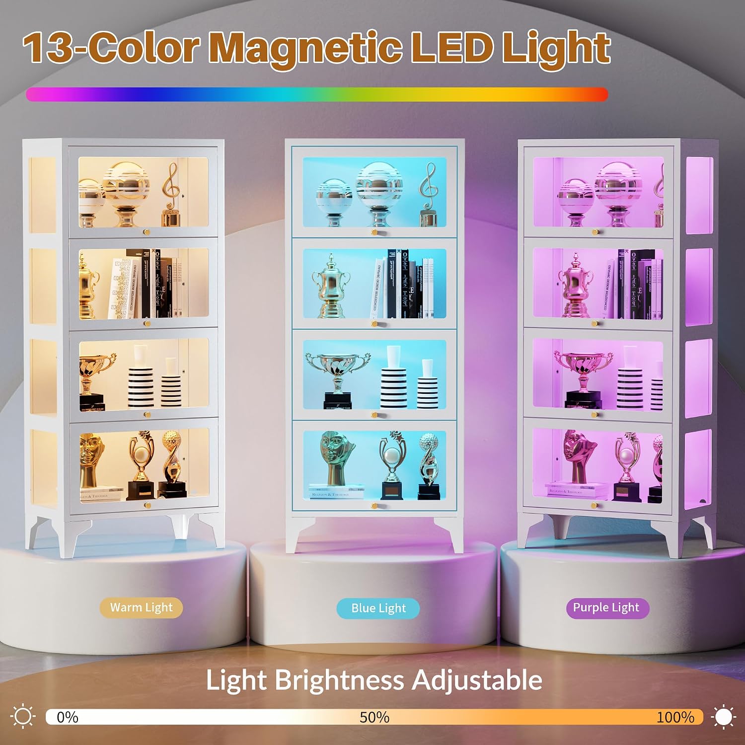 4 Tier Glass Display Cabinet with Flip-Up Doors, 55" Curio Cabinet with 13-Color LED Lights, 3-Side Tempered Glass Display Case for Books, Collectibles, Figures, White