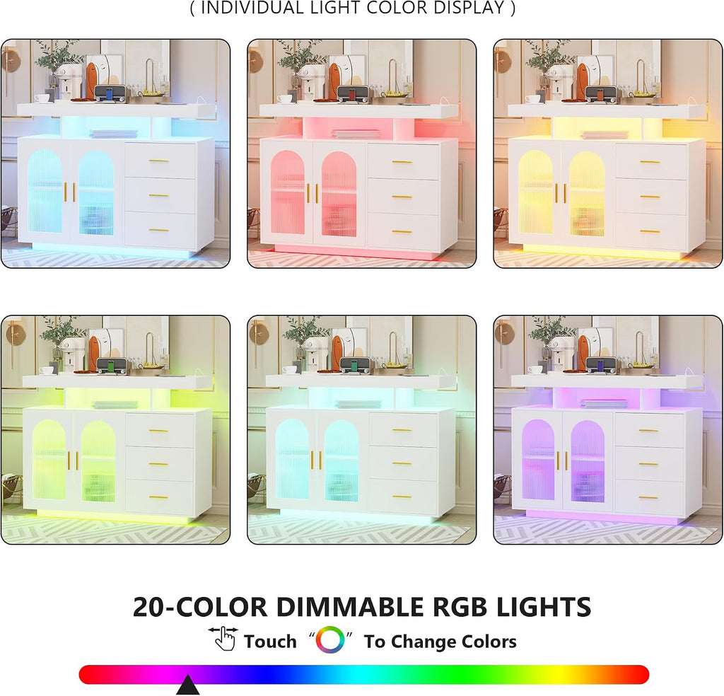 Gurexl 40" LED Buffet Cabinet with Wireless Charging Station,Auto Sensor RGB 20-Color Dimmable Sideboard with Human Body Induction,Sideboards Cabinet with 1 USB&Type-C Port and 3 Drawers