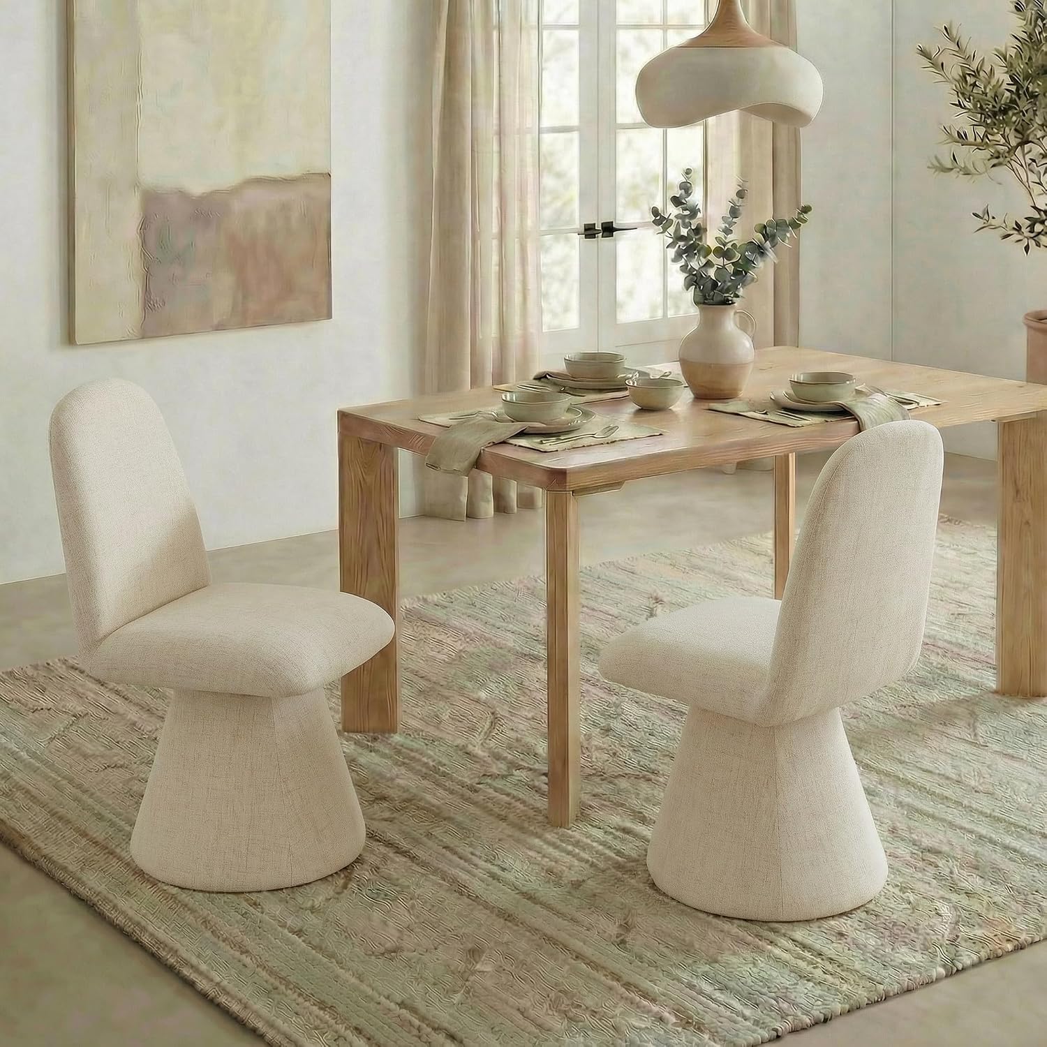 KISLOT Swivel Dining Chairs Set of 1, Modern Upholstered Dining Chair Mid Century Kitchen Chairs with Wave Shaped High Back, 360 Degree Rotating Vanity Chair for Dining Room, Bedroom, Farmhouse, Sand