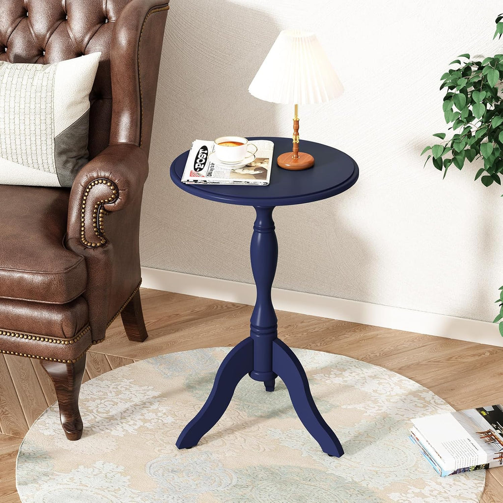 HLR Round Small End Table, Wooden Pedestal Side Coffee Tables, Vintage Accent Nightstand for Living Room, Bedroom, Entryway, Dark Blue