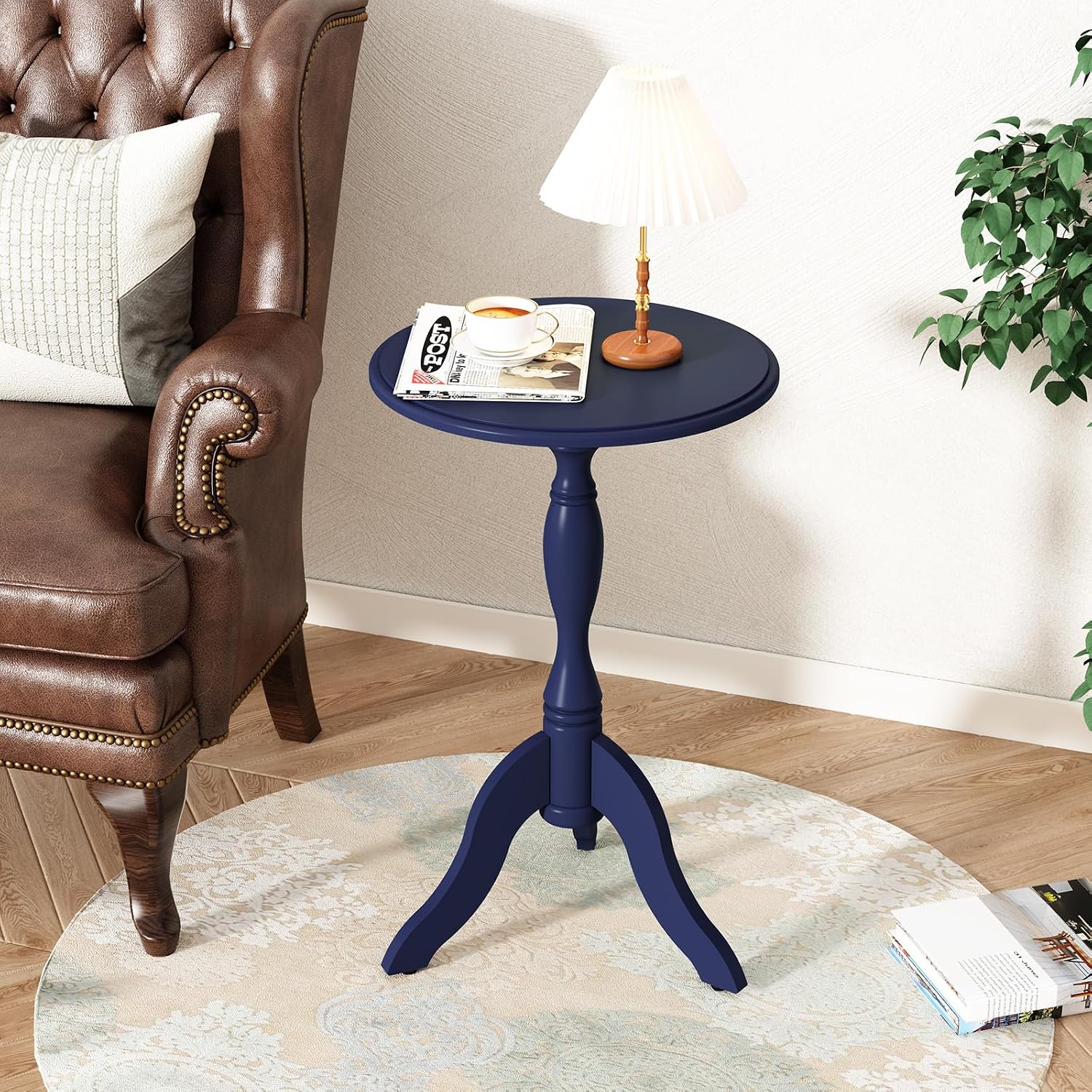 HLR Round Small End Table, Wooden Pedestal Side Coffee Tables, Vintage Accent Nightstand for Living Room, Bedroom, Entryway, Dark Blue