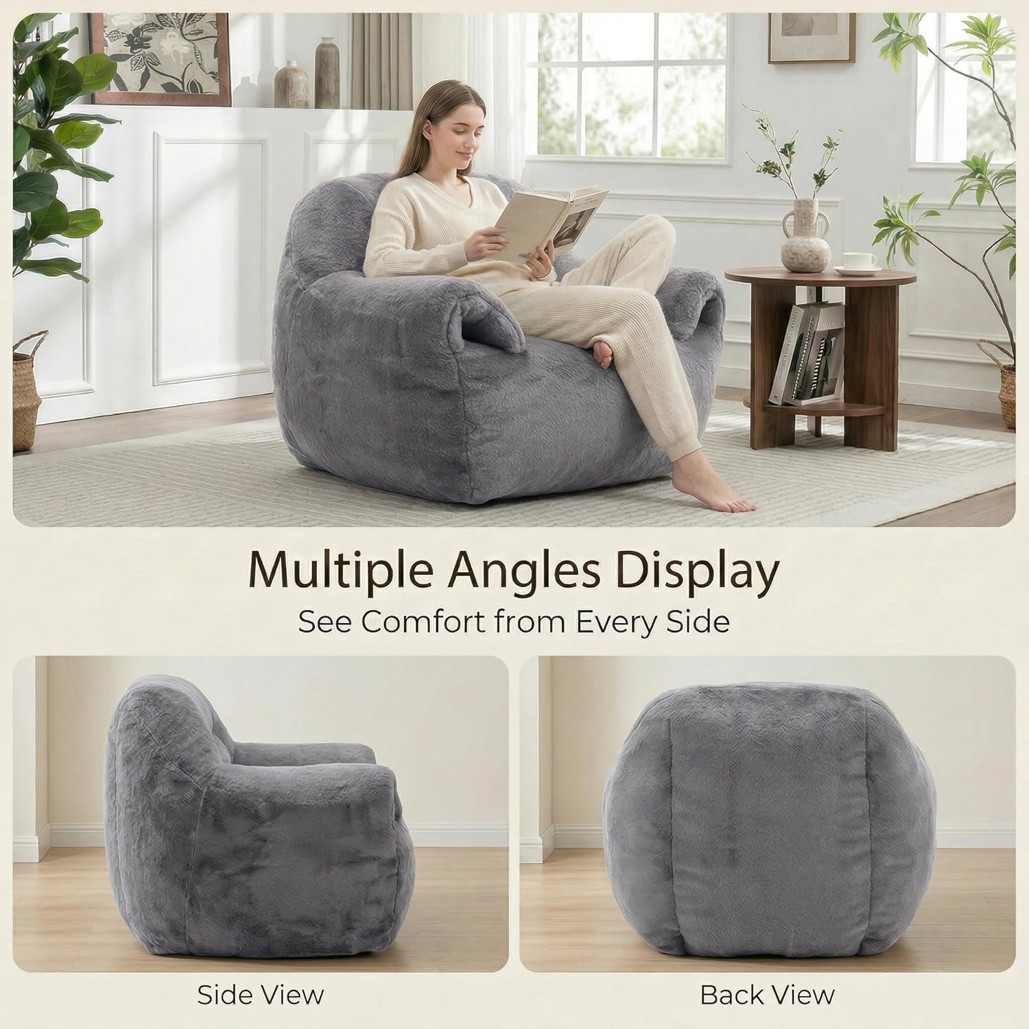Bean Bag Chair for Adults and Childs with Armrests, High Back Supportive Plush Lounge, Oversized Faux Fur Floor Sofa for Living Room, Bedroom and Dorm (Dark Gray)
