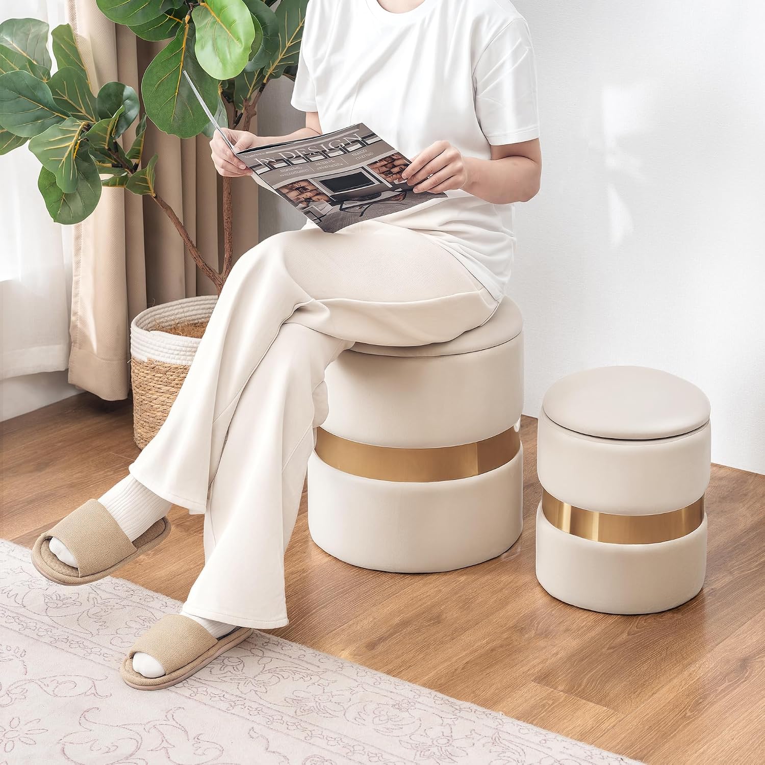 Joveco Round Storage Ottoman Set of 2, Velvet Upholstered Foot Rest Stool Vanity Footsool for Living Room, Bedroom, Light Beige