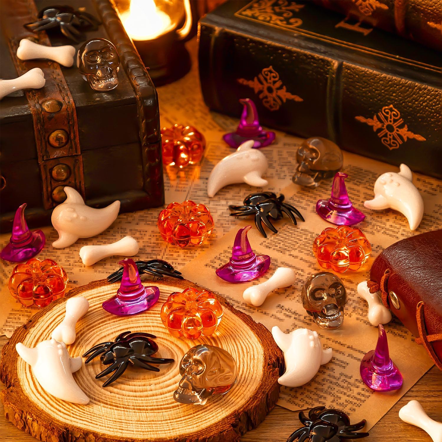 110 Pcs Halloween Vase Filler, Mini Acrylic Pumpkin Ghost Skull Spider Witch Hats Gems for Centerpieces Table Decorations, Halloween Sensory Bin Filler for DIY Crafts