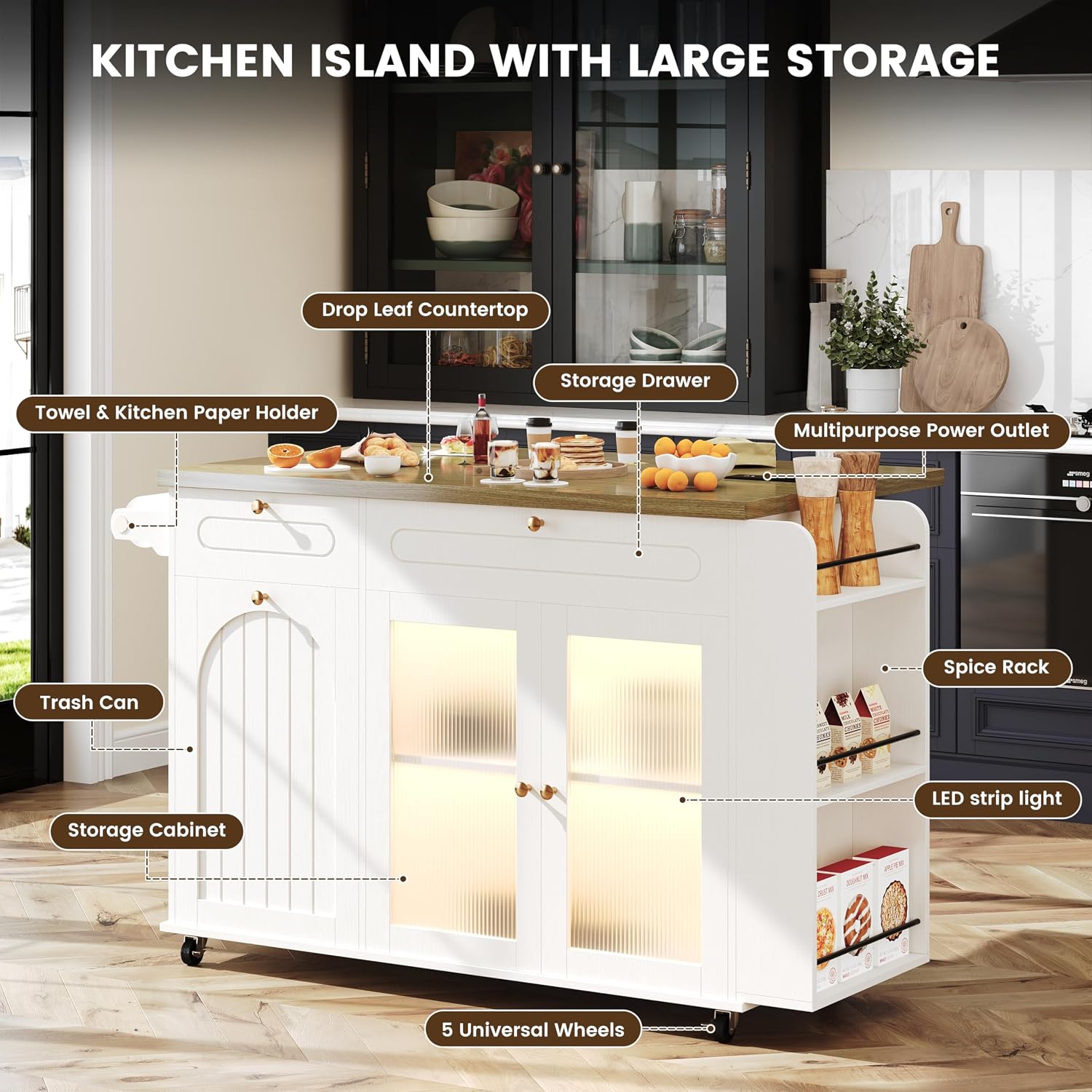 COCO DESIGN 58" Rolling Kitchen Island with Power Outlet, LED Light, Drop Leaf & Storage, Mobile Kitchen Cart with Trash Cabinet, Spice Rack & Towel Rack, White
