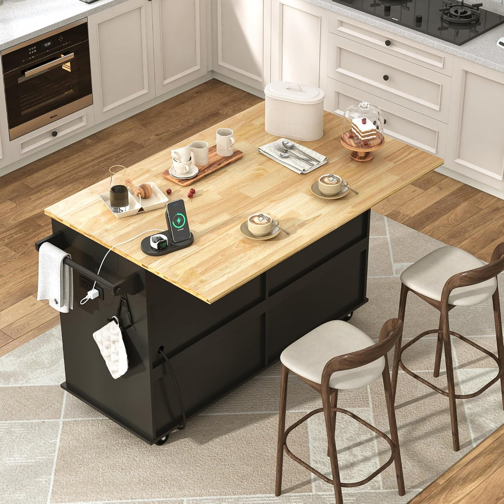 Gitua 59" W Rolling Kitchen Island with Drop Leaf, Movable Kitchen Carts on Wheels Island with Storage Cabinet&Charging Station, Island Table for Kitchen w/Rubber Wood Top, Rack, Hook, Drawers, Black