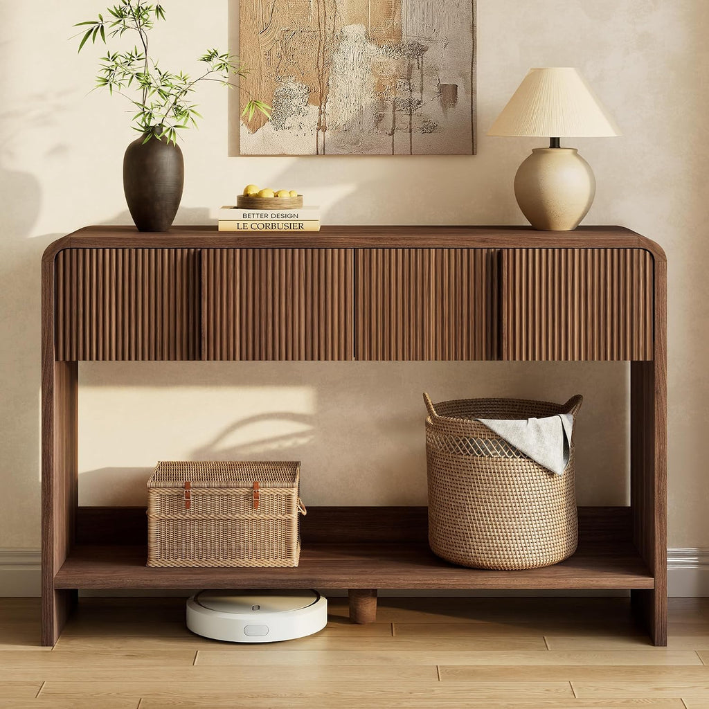 AMERLIFE 45" Fluted Console Table with 2 Drawers and Open Shelf, Modern Entryway Table with Rounded Edges, Wood Sofa Table for Hallway, Foyer, Behind Couch, Living Room, Brown