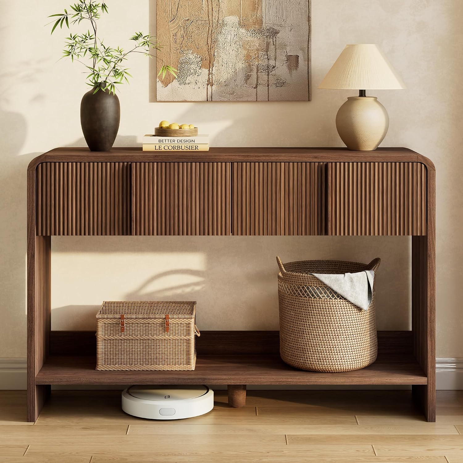AMERLIFE 45" Fluted Console Table with 2 Drawers and Open Shelf, Modern Entryway Table with Rounded Edges, Wood Sofa Table for Hallway, Foyer, Behind Couch, Living Room, Brown
