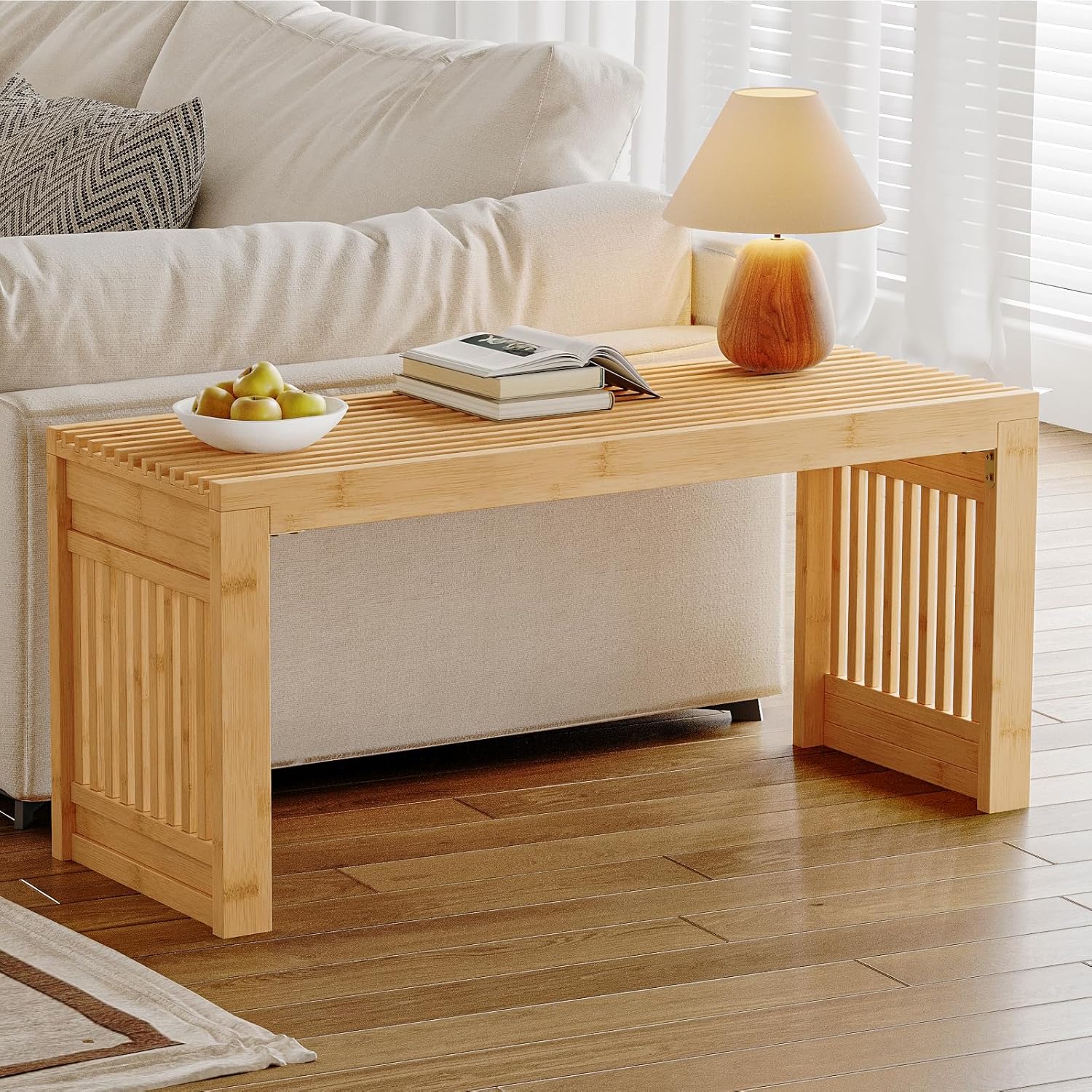 HOOBRO Bamboo Dining Bench, 35 inch Farmhouse Kitchen Table Bench, Solid Bamboo Dining Room Bench for Kitchen, Living Room, Hallway, Bedroom, Natural YL16CD01