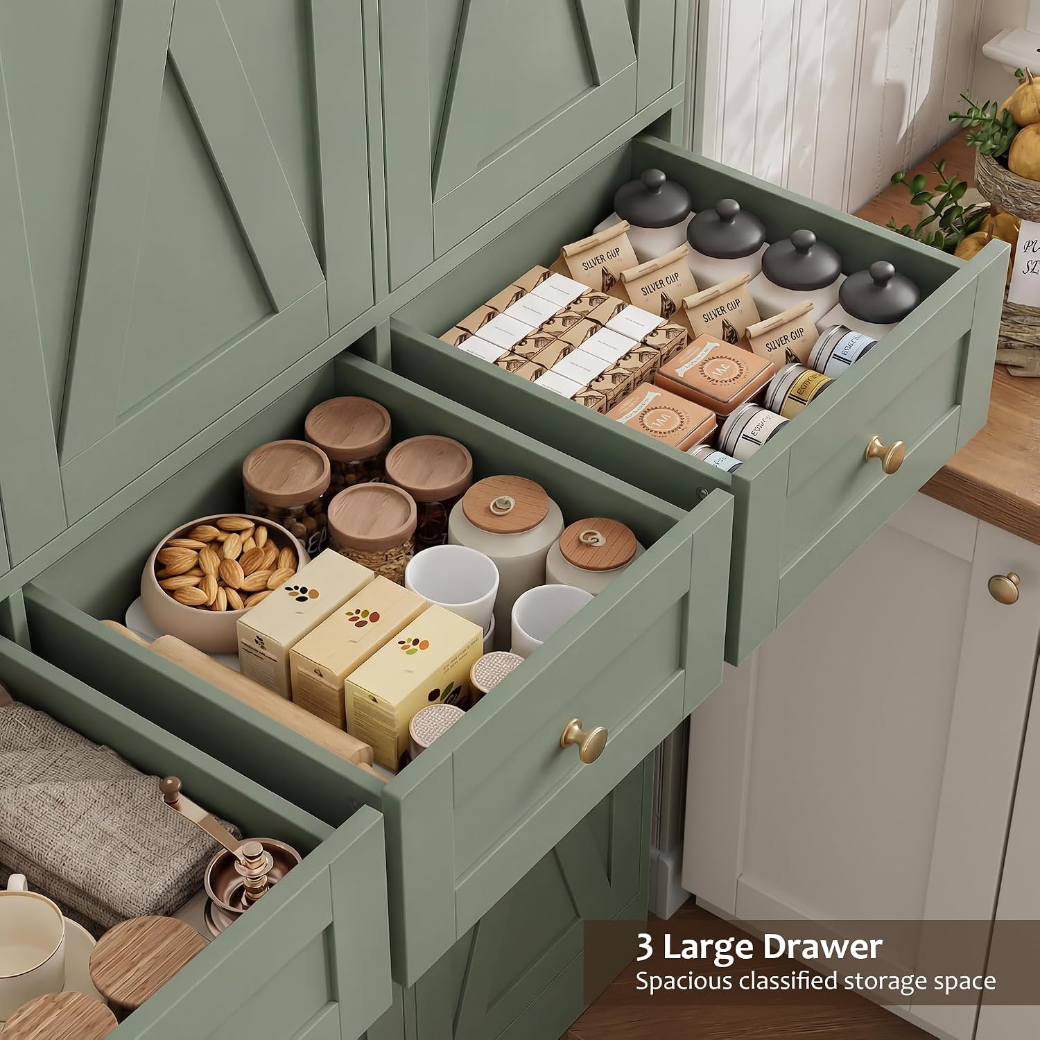 HOSTACK Modern Farmhouse Kitchen Pantry Storage Cabinet, 67" H Kitchen Pantry Cabinet with Barn Doors and Shelves, Freestanding Food Storage Cabinets with Drawers for Dining Room, Living Room, Green