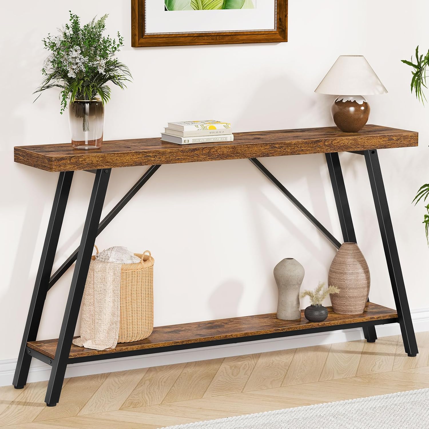 Snughome Entryway Table, 47.2" Long Console Table with 2 Tier Storage Shelf, Sofa Table Behind Couch, Extra Large Entry Table for Entryway,Living Room,Hallway, Foyer, Supports 220 LBS, Rustic Brown