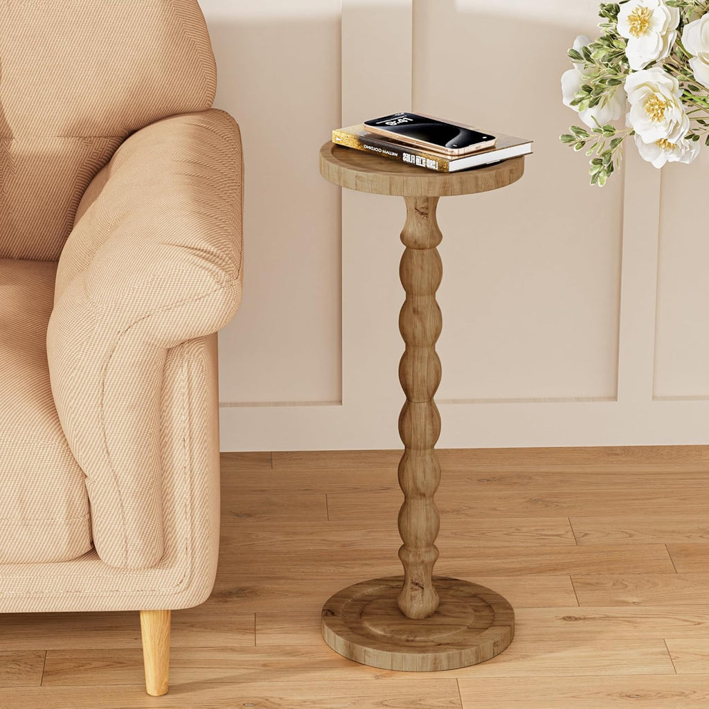 Rubber Wood Round Side Table, Solid Wood Small Drink Table for Small Spaces, Modern Accent Tables, End Tables for Living Room, Bedroom and Office (Brown, 9.4 Inch)