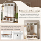 LUMISOL Farmhouse Hall Tree with 3 Hidden Storage for Hallway, Arched Design Mudroom Organizer with Walnut Bench, All-in-One Entryway Bench with Shoe Storage and 5 Hooks, White