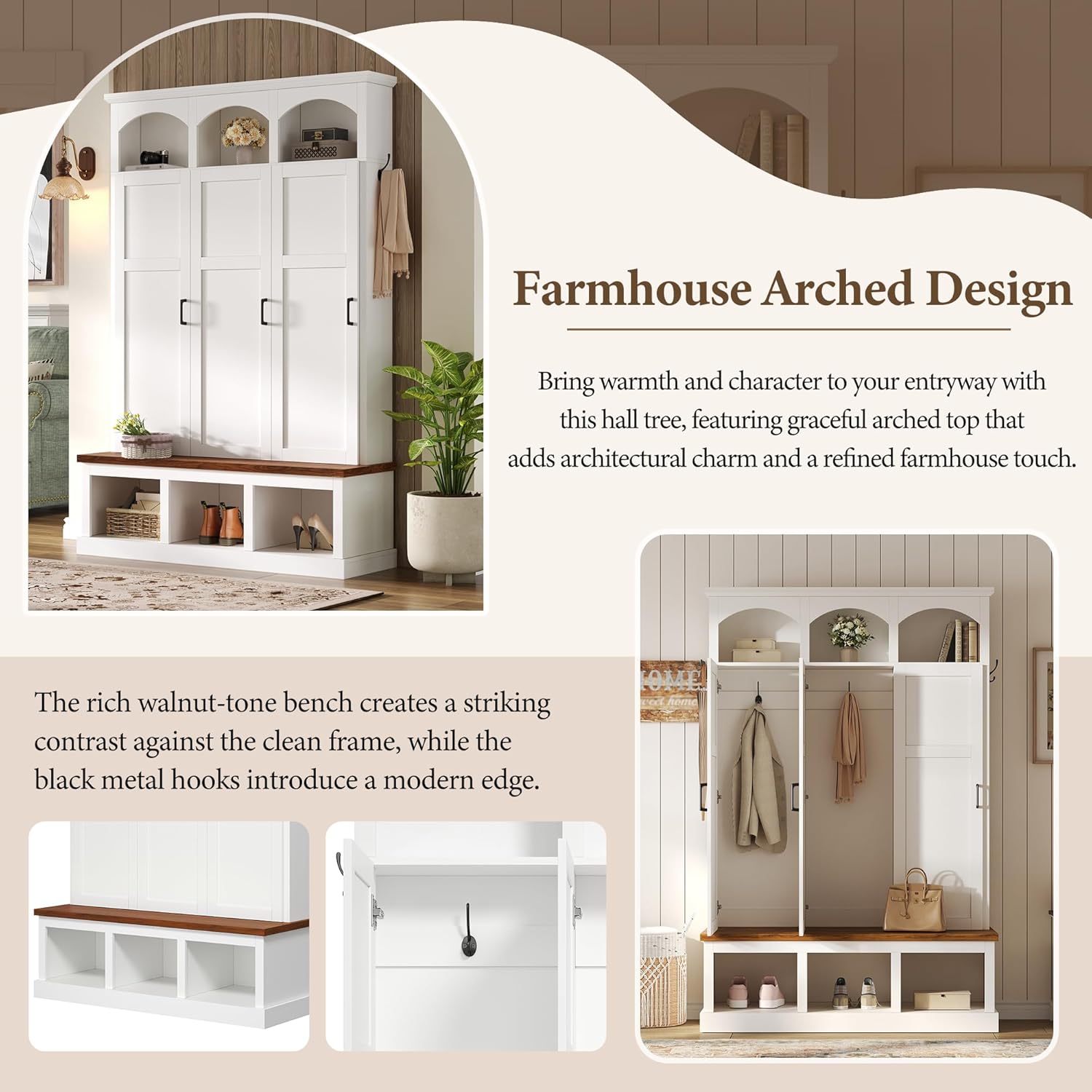LUMISOL Farmhouse Hall Tree with 3 Hidden Storage for Hallway, Arched Design Mudroom Organizer with Walnut Bench, All-in-One Entryway Bench with Shoe Storage and 5 Hooks, White