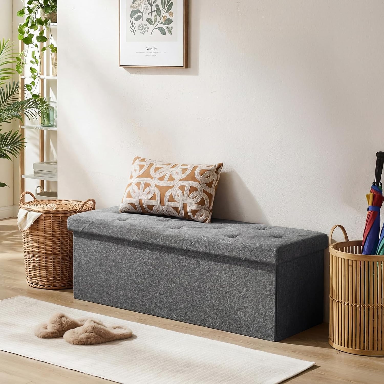 DUMOS 43 Inch Folding Storage Ottoman Bench, Upholstered Ottoman with Storage Holds 660 lbs, End of Bed Foot Rest Stool for Bedroom, Living Room, Entryway, Linen Fabric, Grey
