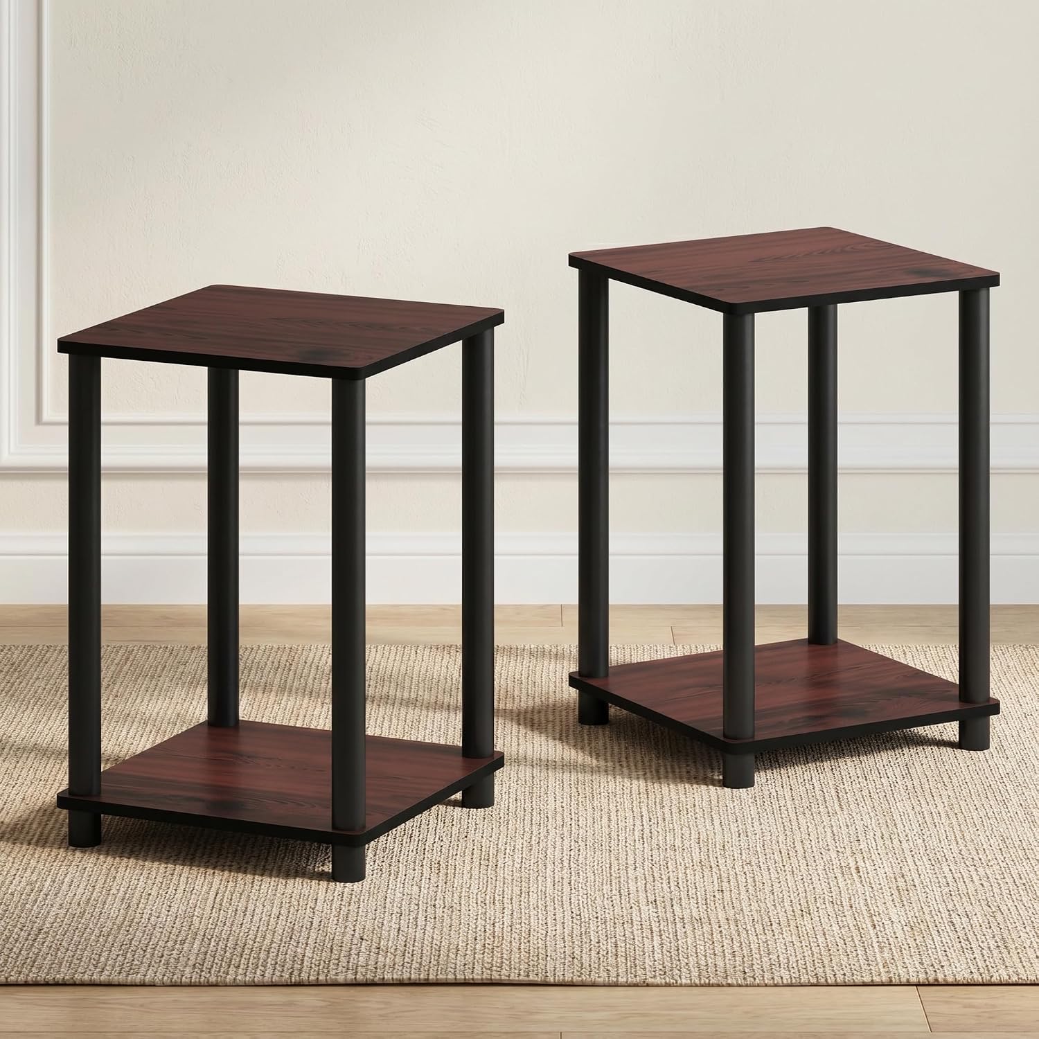 Furinno Turn-N-Tube Toolless Assembly Side Table Set of 2, Stackable 2-Tier Brown End Table with Open Shelf, Night Stand, Bedside Table, for Living Room, Bedroom, Cherry Oak