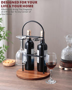 Wine Bottle and Glass Holder for Countertop | Small Wine Rack for 2 Bottles & 2 Glasses | Modern Tabletop Wine Storage with Round Wood Base | Freestanding Wine Stand & Caddy for Home Bar (Black)