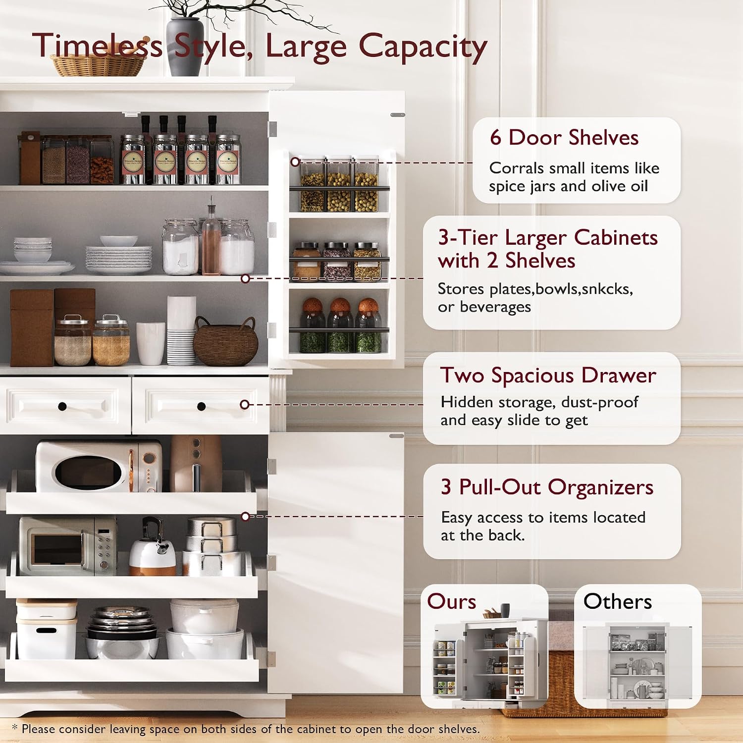 Ball & Cast 71" Farmhouse Kitchen Pantry Cabinet with 3 Pull-Out Organizers, Tall Storage Cabinet with 4 Doors, 2 Drawers, 6 Door Shelves & Adjustable Shelves, Freestanding Cupboard, White
