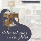 Austerity 20-Inch Rectangular Rustic Solid Wood End Table with Drawer and Shelf – Cedar Wood, Driftwood Finish, Queen Anne Legs, Scalloped Edges – Living Room Accent Table by Alaterre Furniture