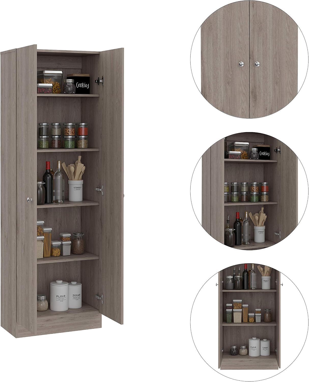 Modern Kitchen Pantry, Gray Storage Cabinet with 5 Shelves & Double Door, Easy to Maintain, for Dining Room