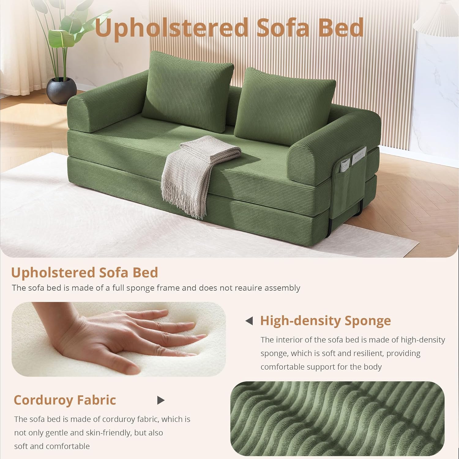 4-in-1 Folding Convertible Sofa Bed, 78 Inch Oversized Corduroy Loveseat Sleeper with Pull Out Bed, Boneless Futon Couch for Living Room Bedroom, No Assembly Needed, Olive Green