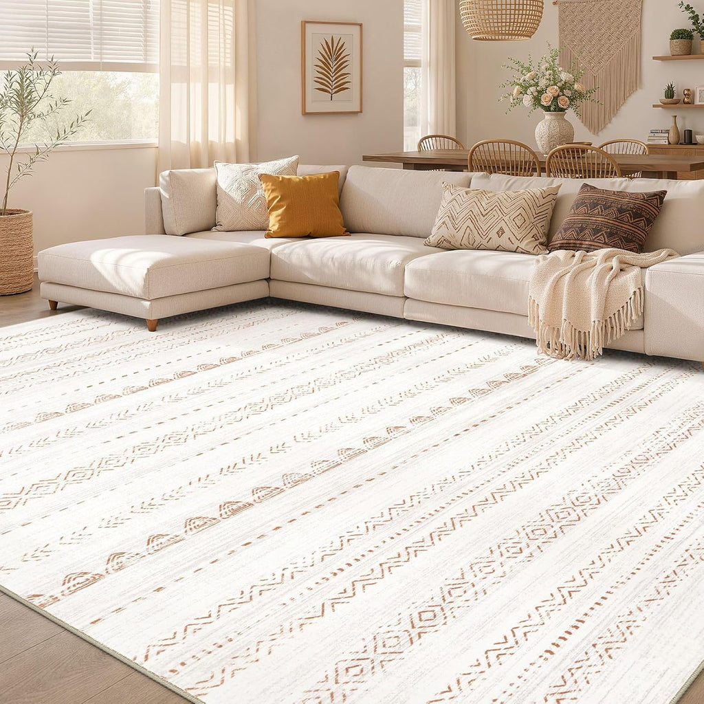 Nakagishi Area Rug Living Room Rugs: 5x7 Large Soft Machine Washable Boho Moroccan FarmNeutral Stain Resistant Indoor Floor Carpet for Bedroom Under Dining Table Home Office Decor-Cream Brown