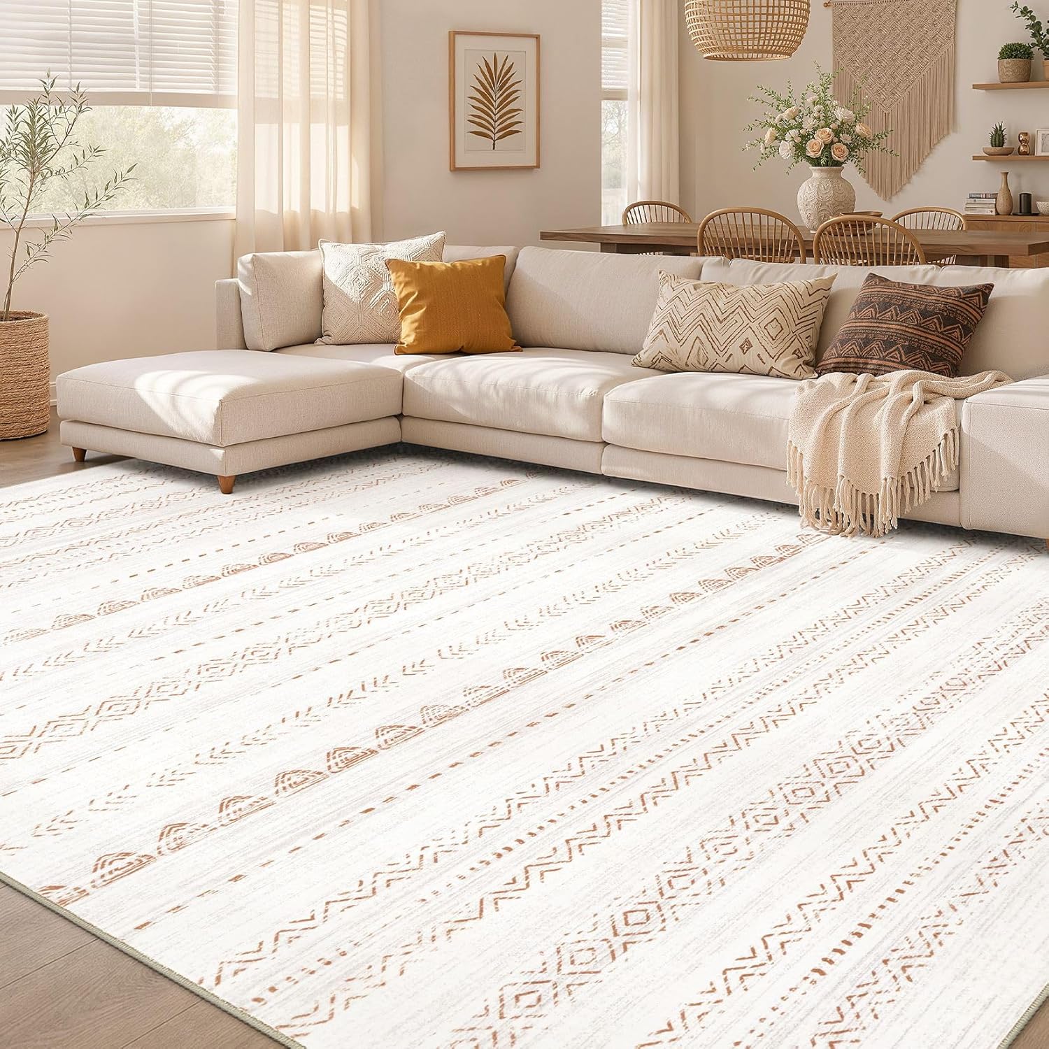 Nakagishi Area Rug Living Room Rugs: 5x7 Large Soft Machine Washable Boho Moroccan FarmNeutral Stain Resistant Indoor Floor Carpet for Bedroom Under Dining Table Home Office Decor-Cream Brown
