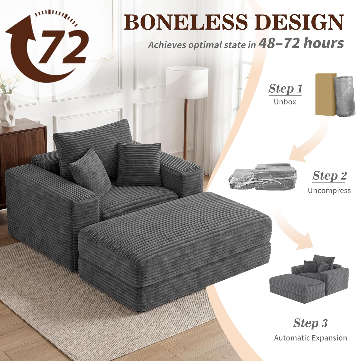 Busaurus 60'' Oversized Chaise Lounge Chair Indoor with Ottoman, Convertible Boneless Sofa Bed & Corduroy Reading Chair for Living Room & Bedroom, No Assembly Required