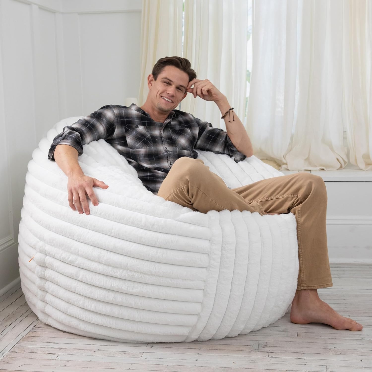 Jaxx 5 Foot Saxx Bean Bag Chair for Adults - Luxe Faux Fur, Mondo Ivory