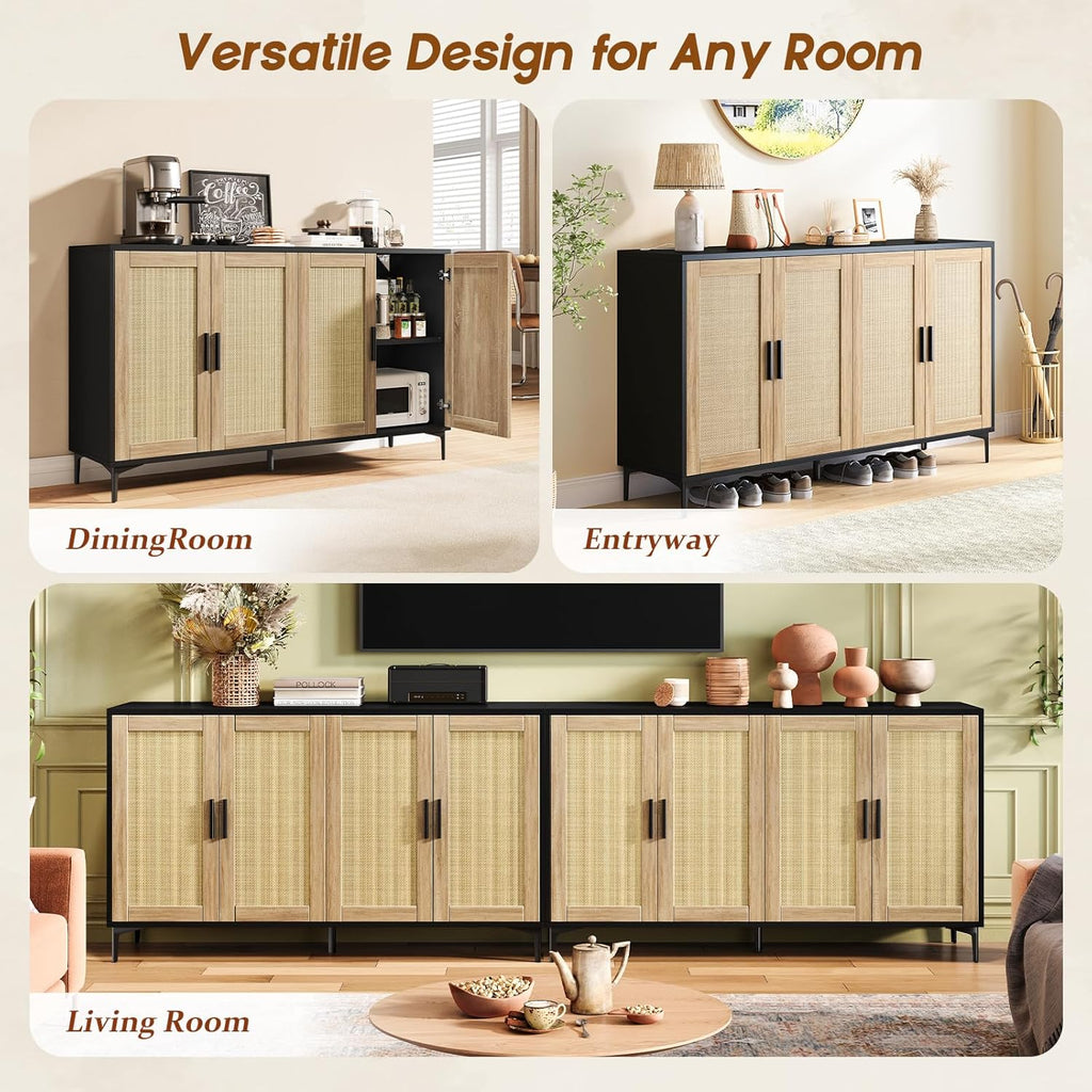 Luoxiao Sideboard Buffet Cabinet with Storage 48" Rattan Coffee Bar Boho Console Table with Adjustable Shelves & 4 Doors, Modern Credenza for Kitchen, Living Room, Entryway, Dining Room, Black