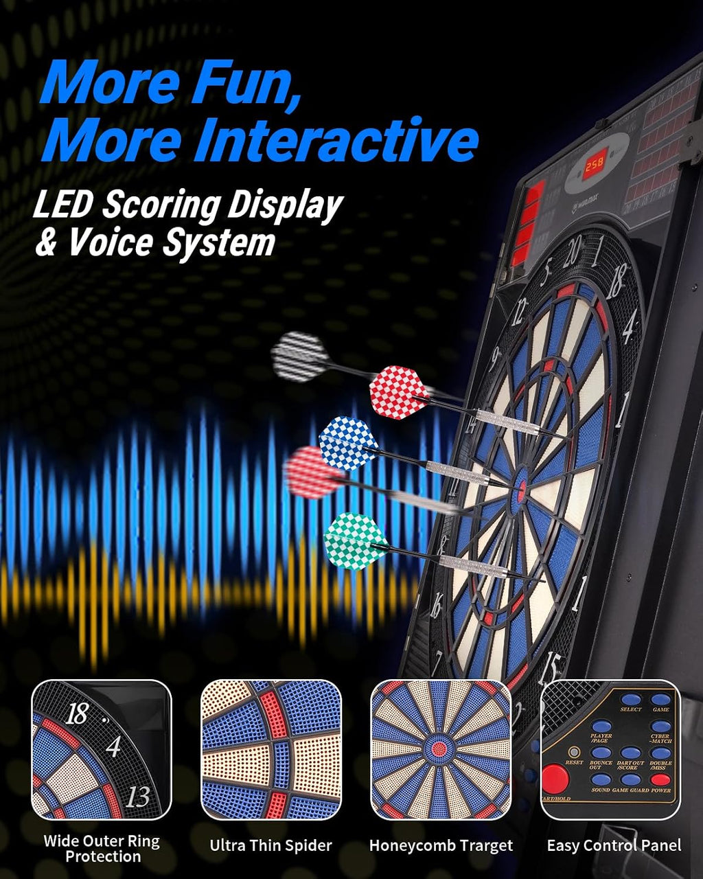 WIN.MAX Electronic Dart Board Cabinet Set for Adults, Black | LED Scoring, 38 Games & 211 Variants, Up to 16 Players, 12 Darts+40 Tips, Wall Mount for Home Bar Game Room Man Cave